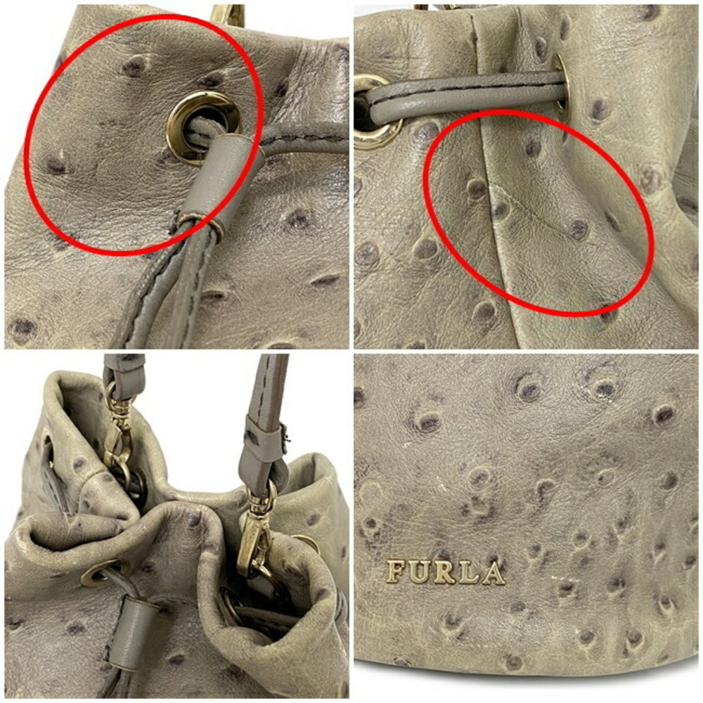 Furla Drawstring Shoulder Bag Gray Beige Leather FURLA 2way Pouch Clutch Grei... - Picture 6 of 10